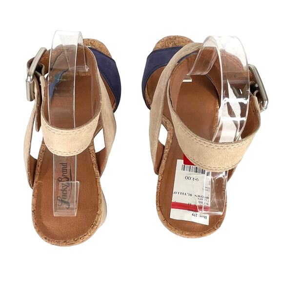 Lucky Brand Sundo Ankle Strap Block Heels 10 Blue Tan New - Picture 3 of 10
